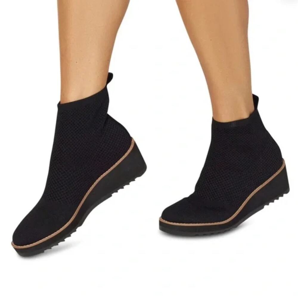 Eileen Fisher Lilou Nubuck and Recycled Stretch Knit Bootie Black Wedge Size 11